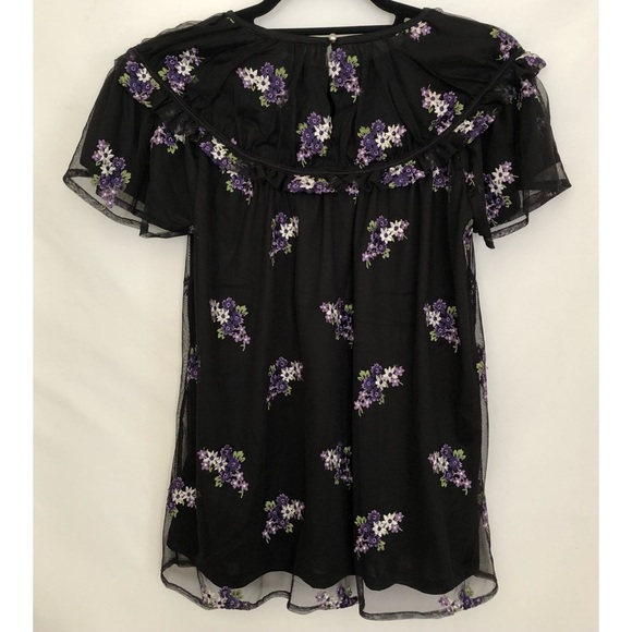 Michael Kors Black Floral Embroidered Short Sleeve Blouse Top Women Medium NEW - Picture 3 of 5